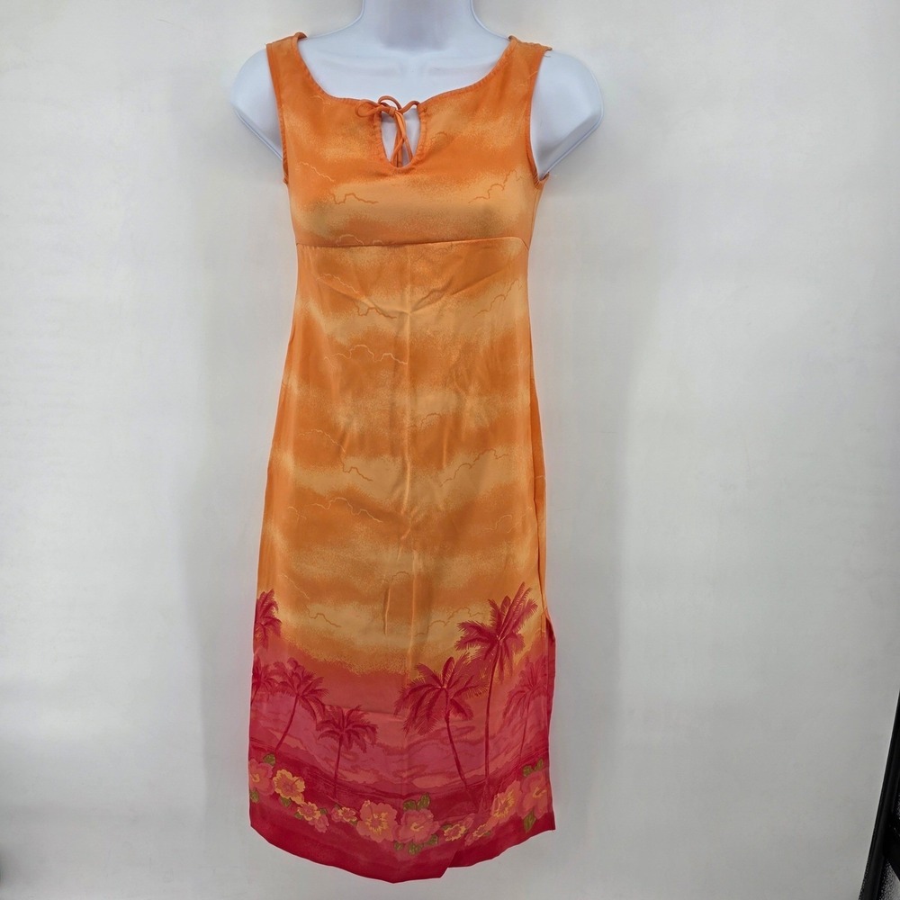 Hype Orange Pink‎ Tropical Palm Tree Floral Midi Dress xxs Sunset Beach *read*